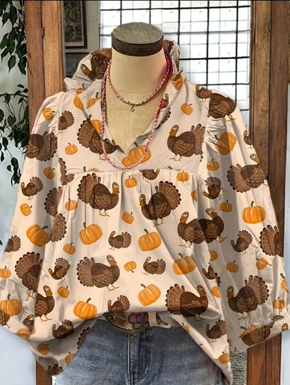 Women’s Cream Turkey & Pumpkin Peasant Blouse